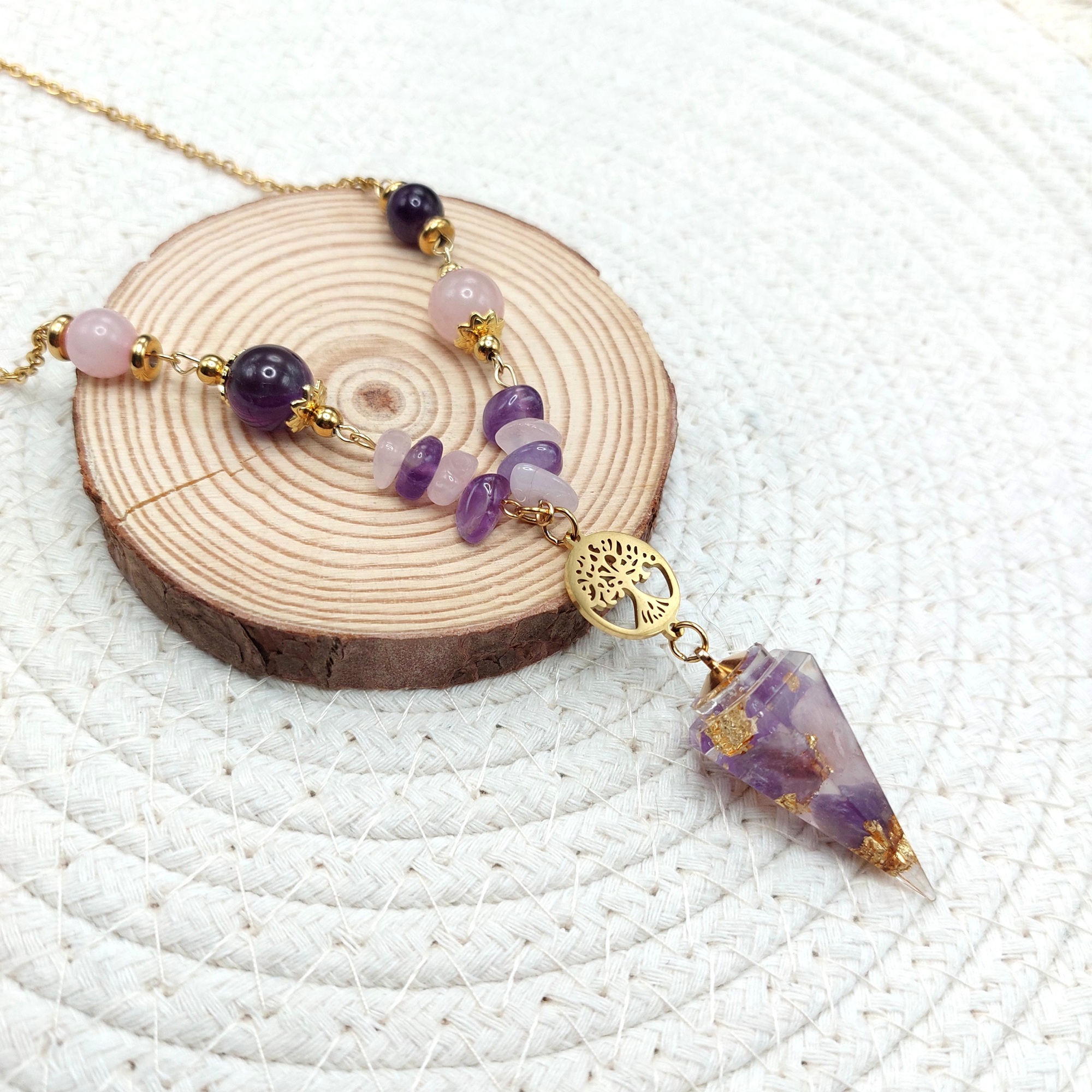 Collier Arbre de Vie, Améthyste, Quartz Rose et Feuilles dorées