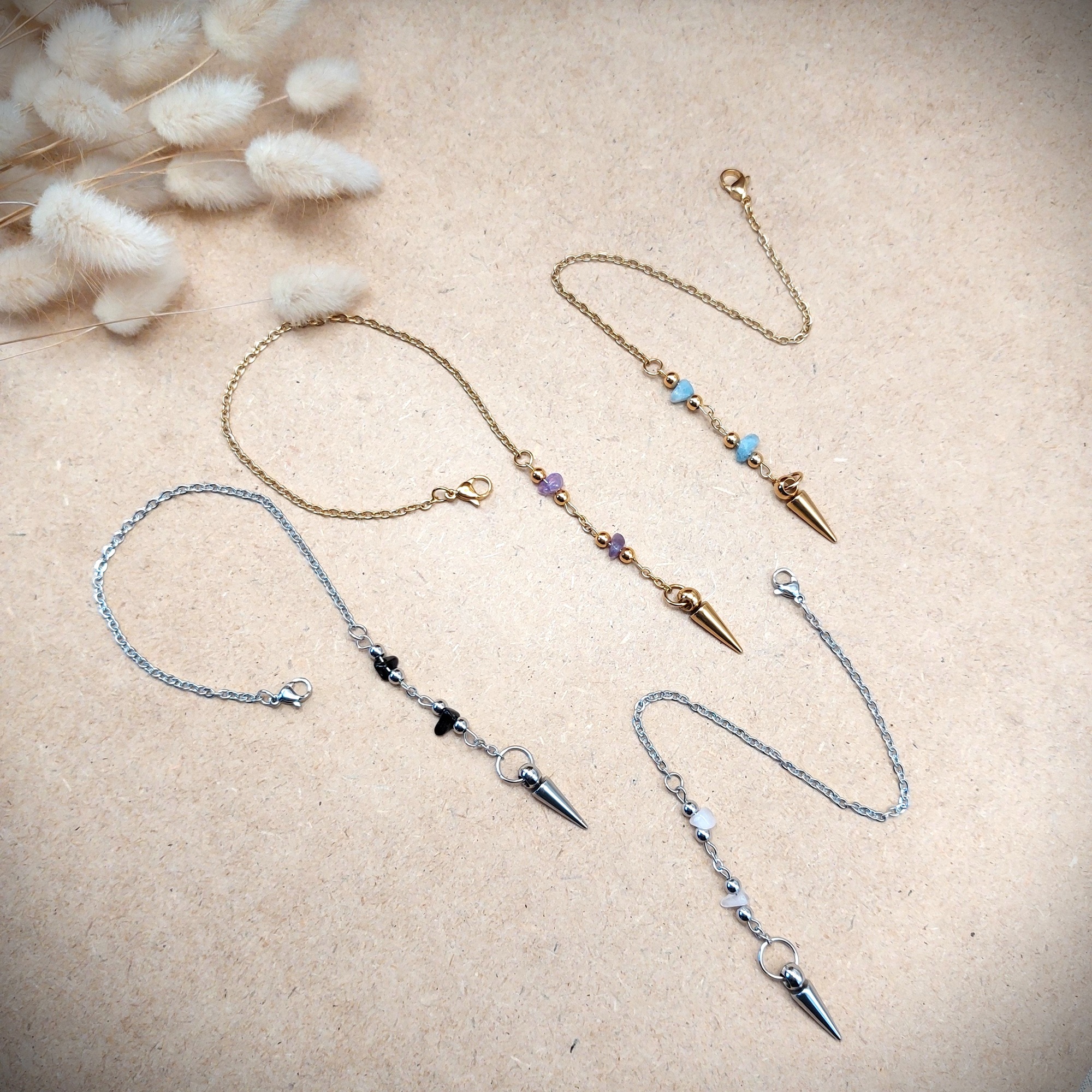 Bracelet pendule personnalisable argenté ou doré, pierres au choix, acier inoxydable 